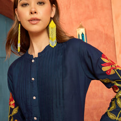 Stylum Women's Blue Solid & Embroidered Rayon Straight Kurta Pant Set (KPBLUEPHULWARI)