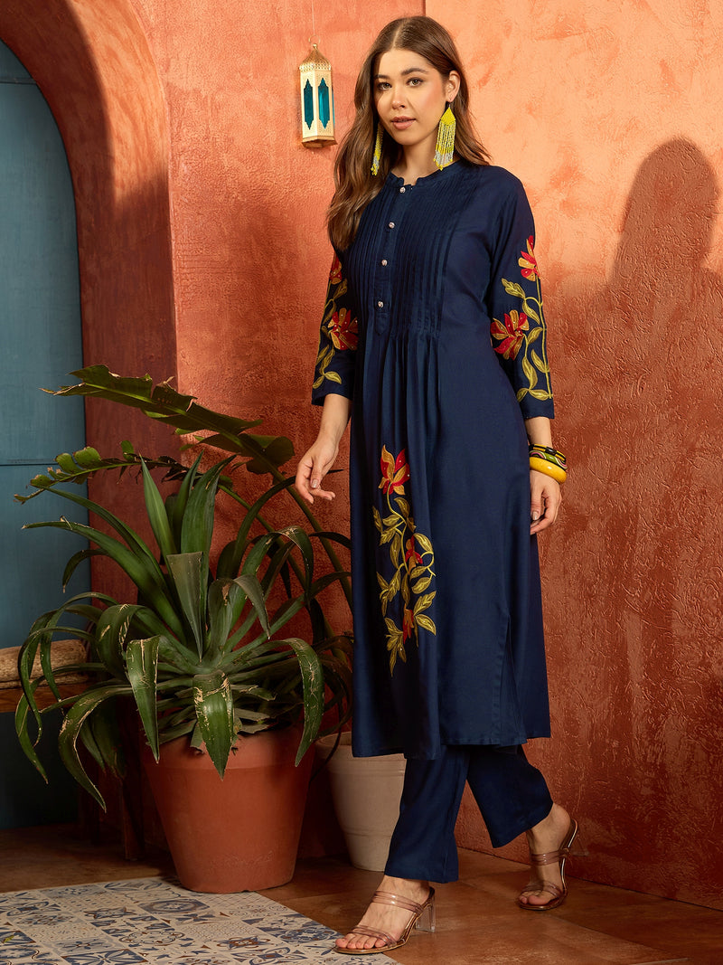 Stylum Women's Blue Solid & Embroidered Rayon Straight Kurta Pant Set (KPBLUEPHULWARI)