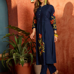 Stylum Women's Blue Solid & Embroidered Rayon Straight Kurta Pant Set (KPBLUEPHULWARI)