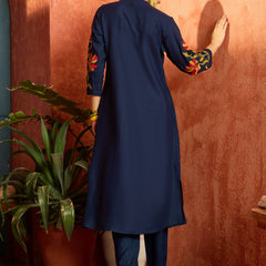 Stylum Women's Blue Solid & Embroidered Rayon Straight Kurta Pant Set (KPBLUEPHULWARI)