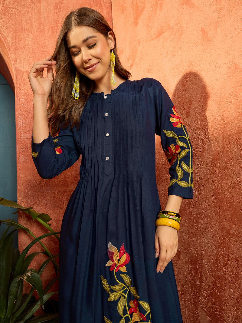 Stylum Women's Blue Solid & Embroidered Rayon Straight Kurta Pant Set (KPBLUEPHULWARI)