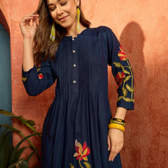 Stylum Women's Blue Solid & Embroidered Rayon Straight Kurta Pant Set (KPBLUEPHULWARI)