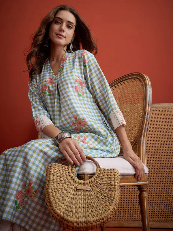 Stylum Women's Blue Floral Printed Rayon A-Line Kurta Palazzo Set (KPBLUERAMEN)