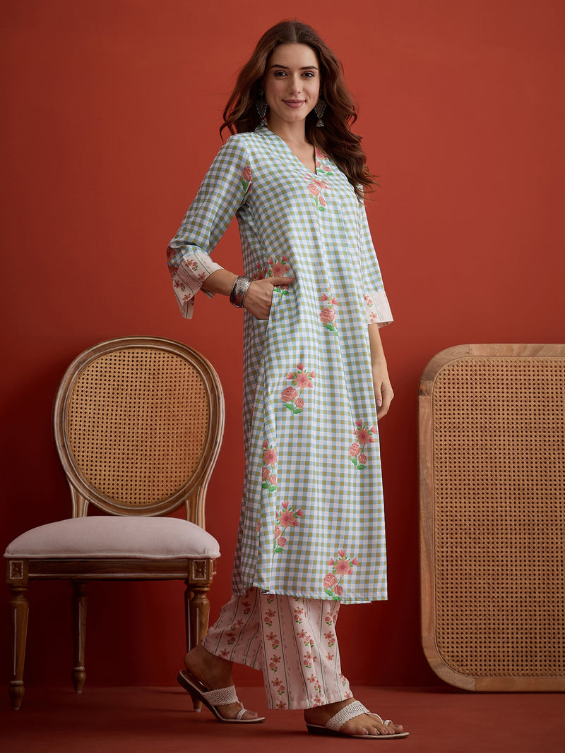 Stylum Women's Blue Floral Printed Rayon A-Line Kurta Palazzo Set (KPBLUERAMEN)