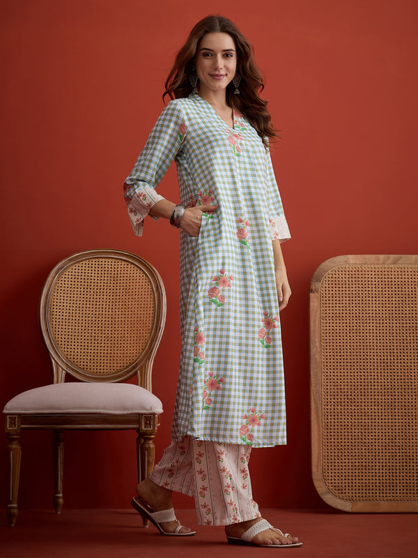 Stylum Women's Blue Floral Printed Rayon A-Line Kurta Palazzo Set (KPBLUERAMEN)