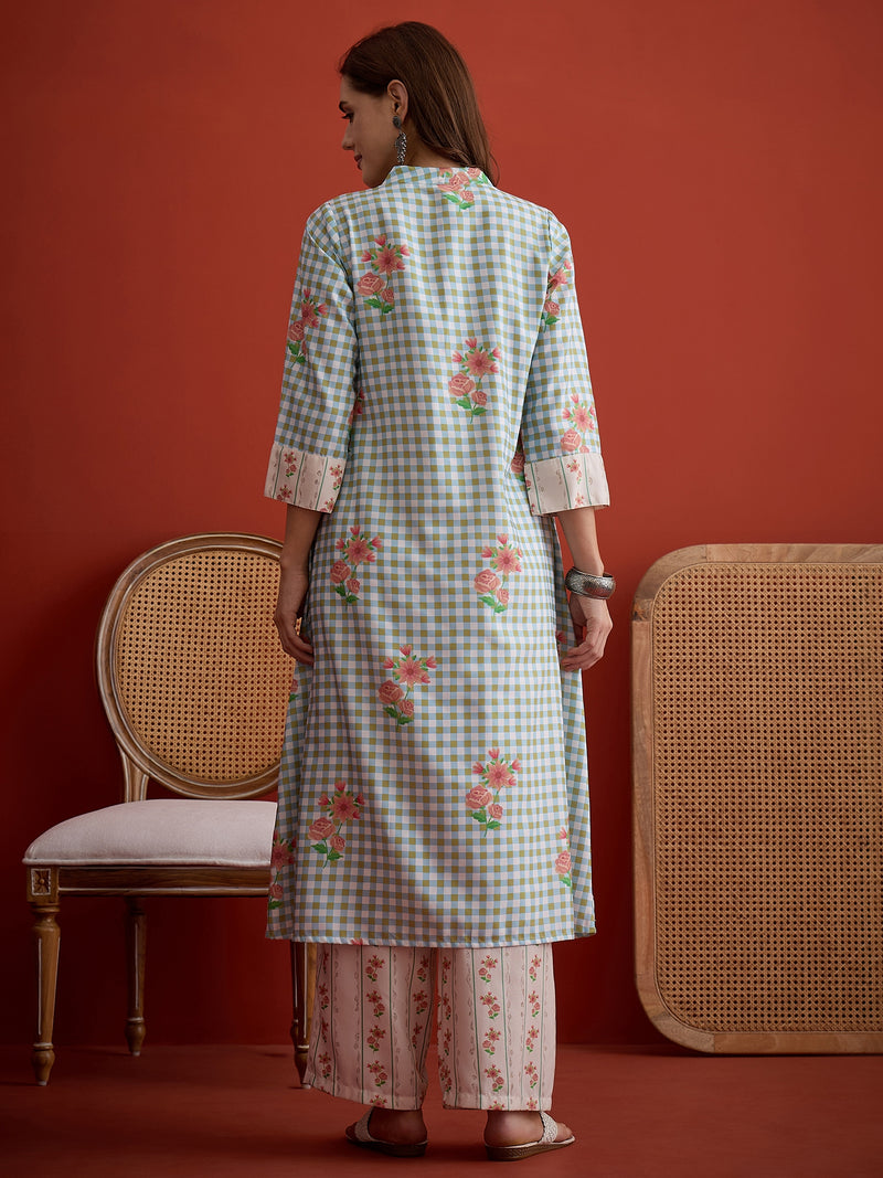 Stylum Women's Blue Floral Printed Rayon A-Line Kurta Palazzo Set (KPBLUERAMEN)