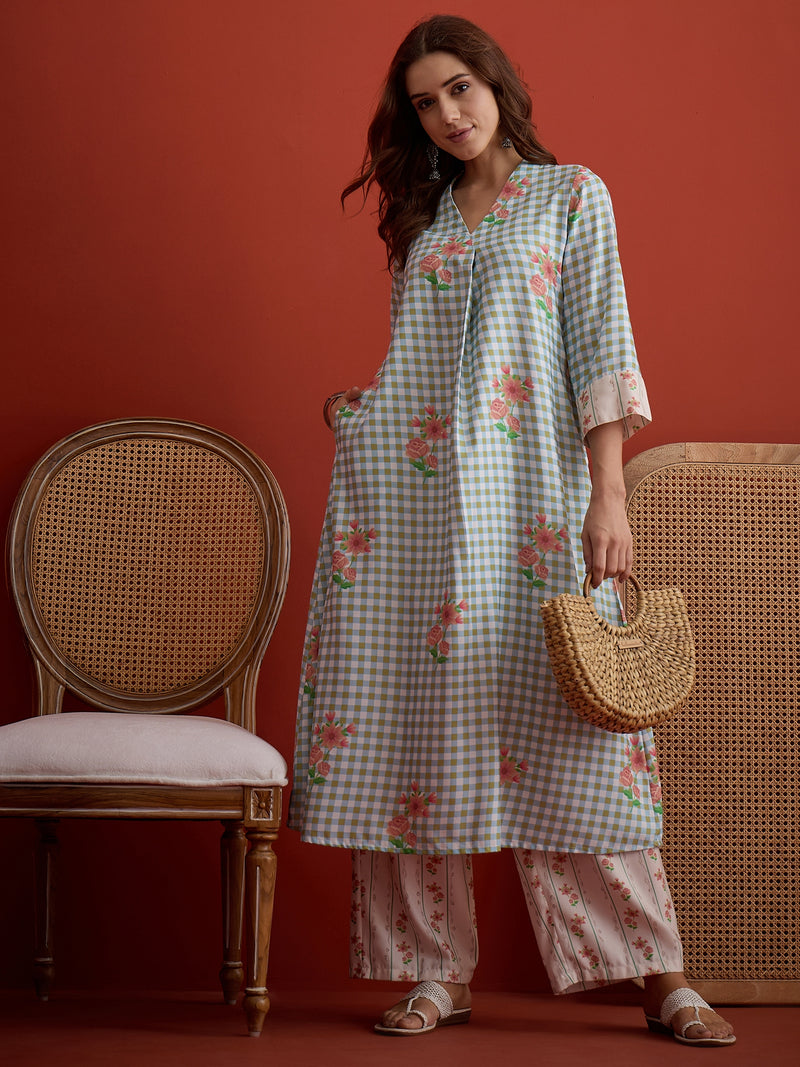 Stylum Women's Blue Floral Printed Rayon A-Line Kurta Palazzo Set (KPBLUERAMEN)