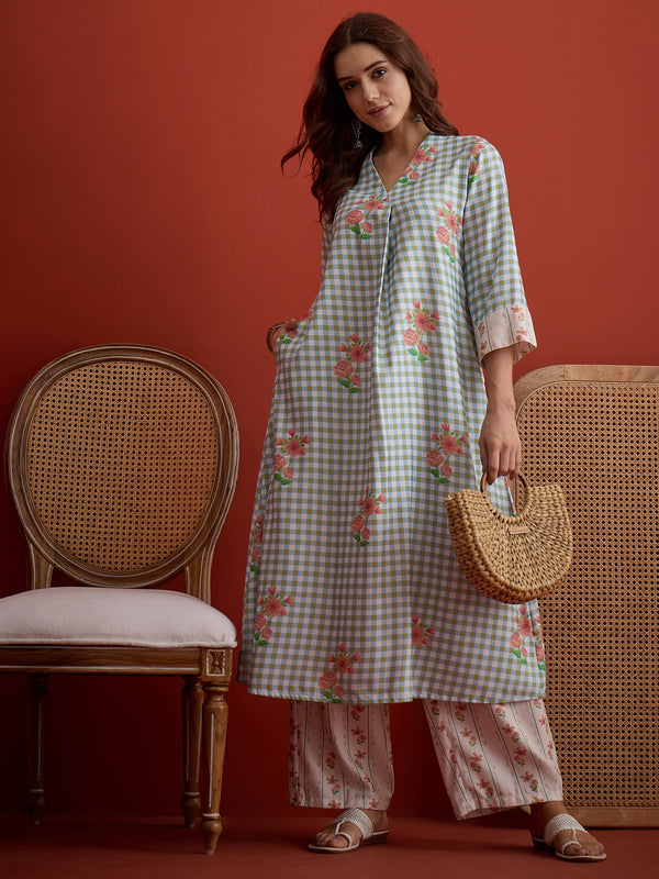 Stylum Women's Blue Floral Printed Rayon A-Line Kurta Palazzo Set (KPBLUERAMEN)