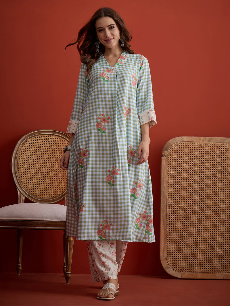 Stylum Women's Blue Floral Printed Rayon A-Line Kurta Palazzo Set (KPBLUERAMEN)