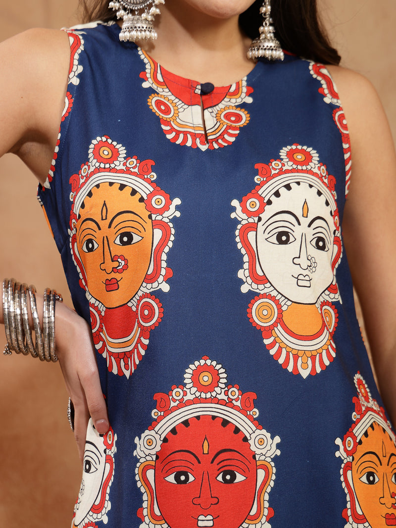 Stylum Women's Blue Kalamkari Face Printed Rayon A-Line Kurta Palazzo Set (KPBLUERANCHI)