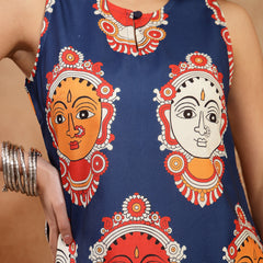 Stylum Women's Blue Kalamkari Face Printed Rayon A-Line Kurta Palazzo Set (KPBLUERANCHI)