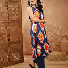 Stylum Women's Blue Kalamkari Face Printed Rayon A-Line Kurta Palazzo Set (KPBLUERANCHI)