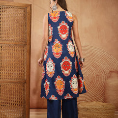 Stylum Women's Blue Kalamkari Face Printed Rayon A-Line Kurta Palazzo Set (KPBLUERANCHI)