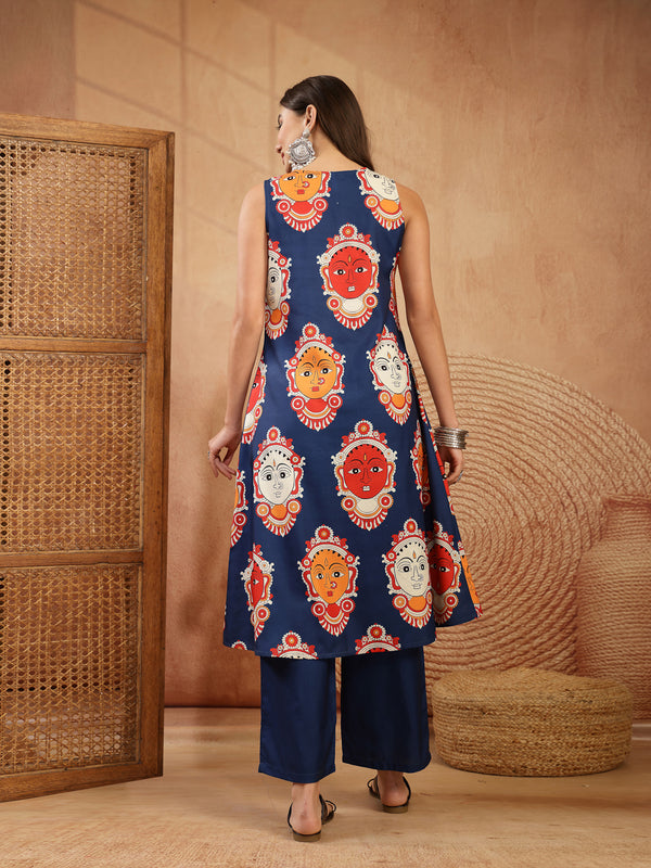 Stylum Women's Blue Kalamkari Face Printed Rayon A-Line Kurta Palazzo Set (KPBLUERANCHI)