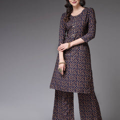 Stylum Women's Printed Poly Crepe Straight Kurta Palazzo Set (KPBLUETALE)