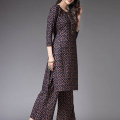 Stylum Women's Printed Poly Crepe Straight Kurta Palazzo Set (KPBLUETALE)