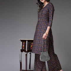 Stylum Women's Printed Poly Crepe Straight Kurta Palazzo Set (KPBLUETALE)