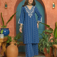 Stylum Women's Blue Woven Design & Embroidered Cotton Straight Kurta Palazzo Set (KPBLUETHANI)
