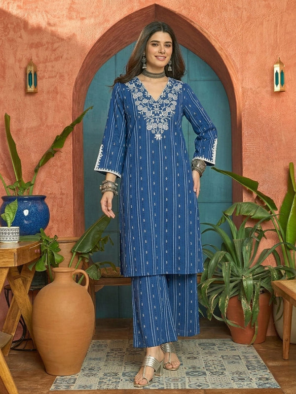 Stylum Women's Blue Woven Design & Embroidered Cotton Straight Kurta Palazzo Set (KPBLUETHANI)