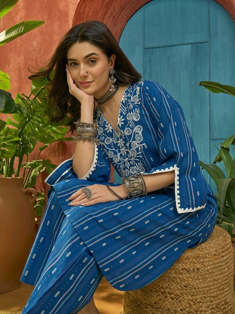 Stylum Women's Blue Woven Design & Embroidered Cotton Straight Kurta Palazzo Set (KPBLUETHANI)