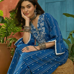 Stylum Women's Blue Woven Design & Embroidered Cotton Straight Kurta Palazzo Set (KPBLUETHANI)