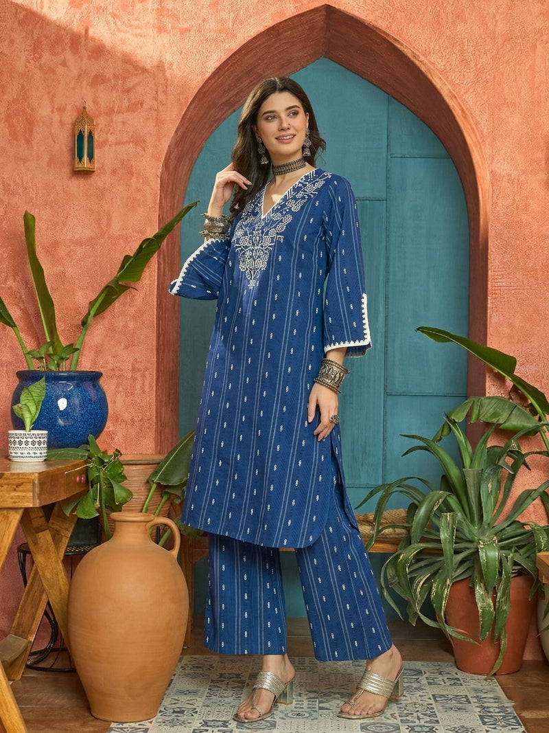 Stylum Women's Blue Woven Design & Embroidered Cotton Straight Kurta Palazzo Set (KPBLUETHANI)