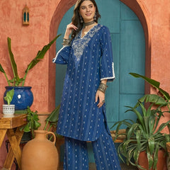 Stylum Women's Blue Woven Design & Embroidered Cotton Straight Kurta Palazzo Set (KPBLUETHANI)