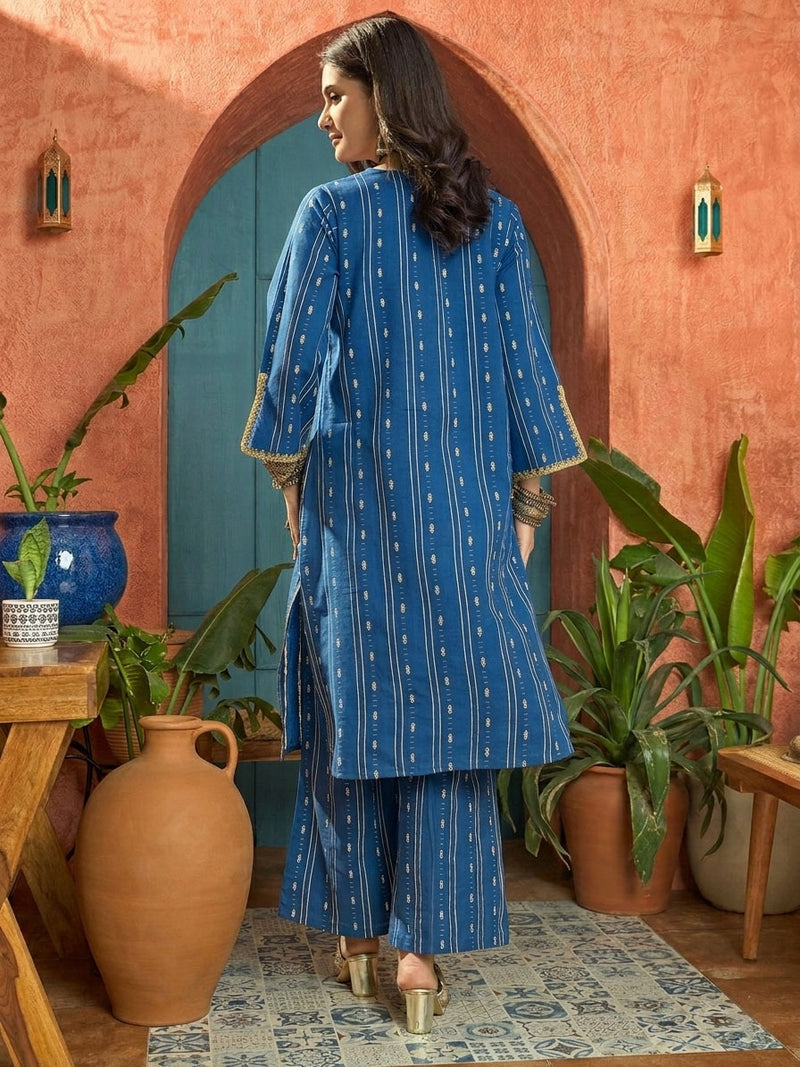 Stylum Women's Blue Woven Design & Embroidered Cotton Straight Kurta Palazzo Set (KPBLUETHANI)