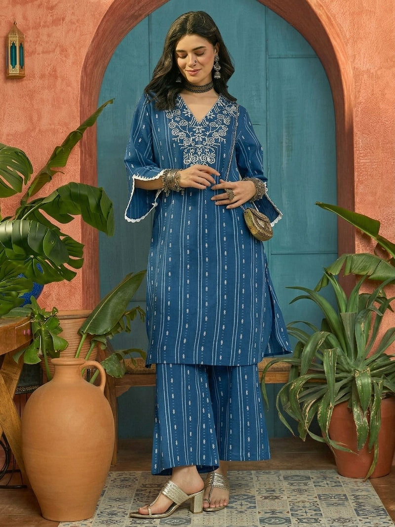 Stylum Women's Blue Woven Design & Embroidered Cotton Straight Kurta Palazzo Set (KPBLUETHANI)
