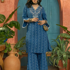 Stylum Women's Blue Woven Design & Embroidered Cotton Straight Kurta Palazzo Set (KPBLUETHANI)