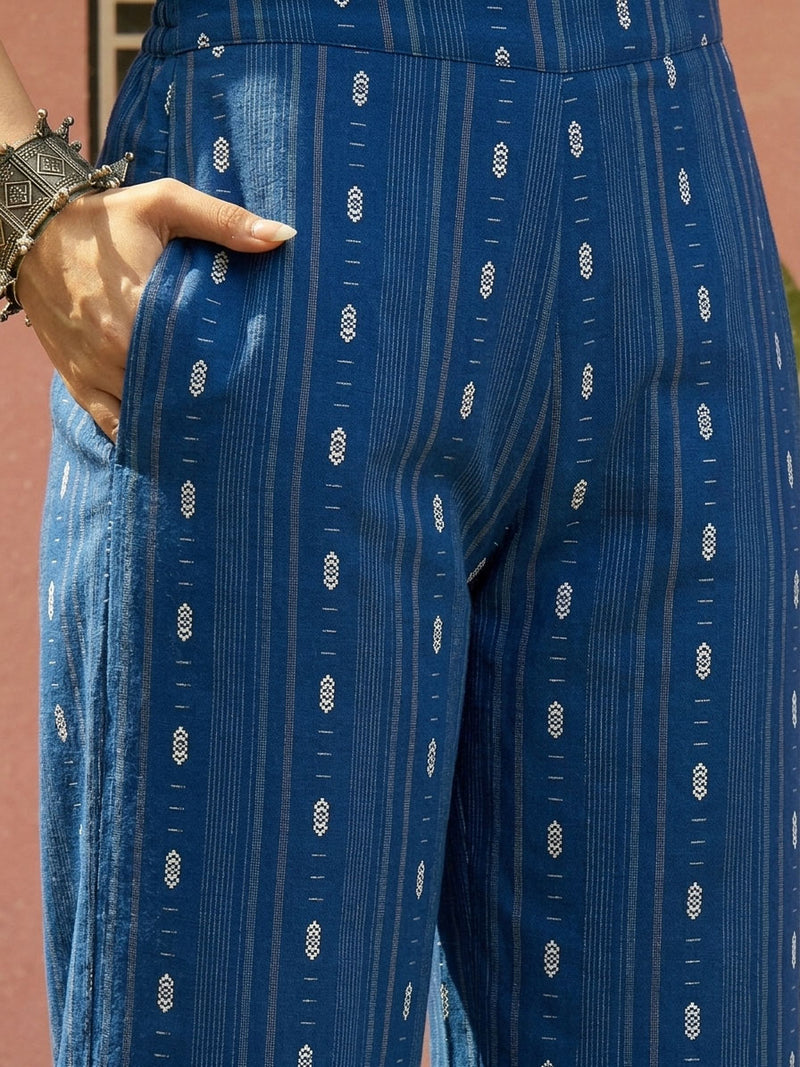 Stylum Women's Blue Woven Design & Embroidered Cotton Straight Kurta Palazzo Set (KPBLUETHANI)
