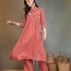 Stylum Women's Blush Solid & Embroidered Cotton A-Line Kurta Pant Set (KPBLUSHPOP)