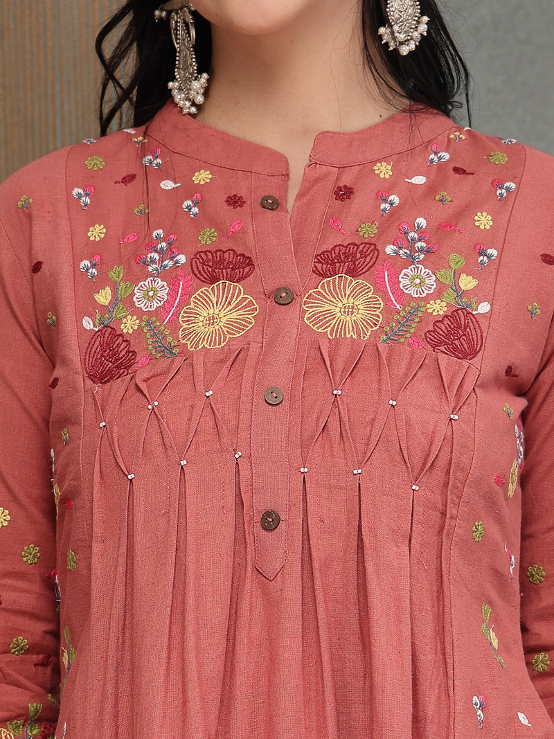 Stylum Women's Blush Solid & Embroidered Cotton A-Line Kurta Pant Set (KPBLUSHPOP)