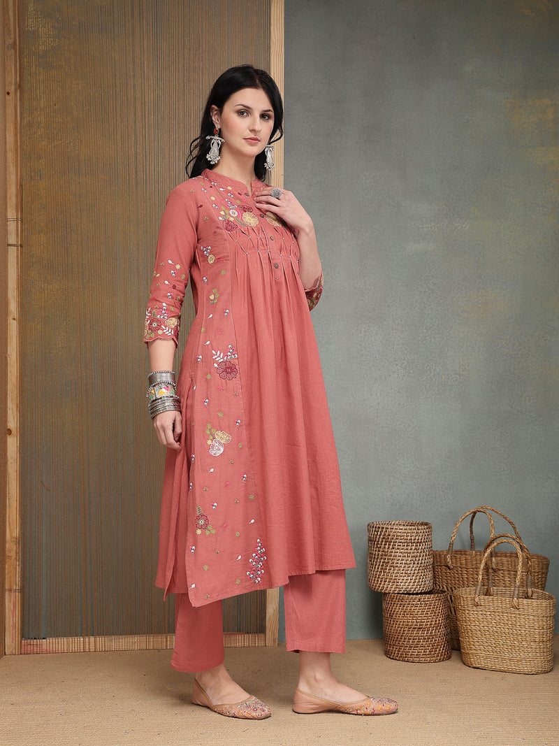 Stylum Women's Blush Solid & Embroidered Cotton A-Line Kurta Pant Set (KPBLUSHPOP)