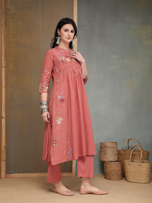 Stylum Women's Blush Solid & Embroidered Cotton A-Line Kurta Pant Set (KPBLUSHPOP)
