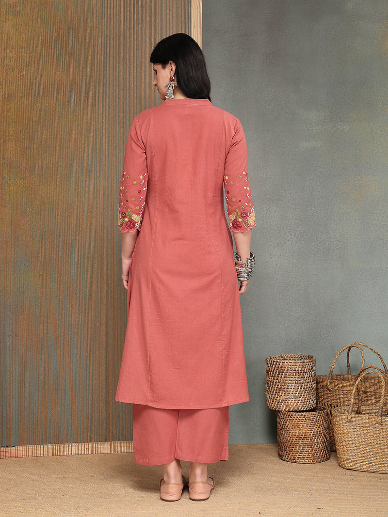 Stylum Women's Blush Solid & Embroidered Cotton A-Line Kurta Pant Set (KPBLUSHPOP)