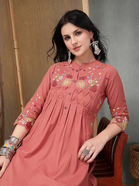 Stylum Women's Blush Solid & Embroidered Cotton A-Line Kurta Pant Set (KPBLUSHPOP)