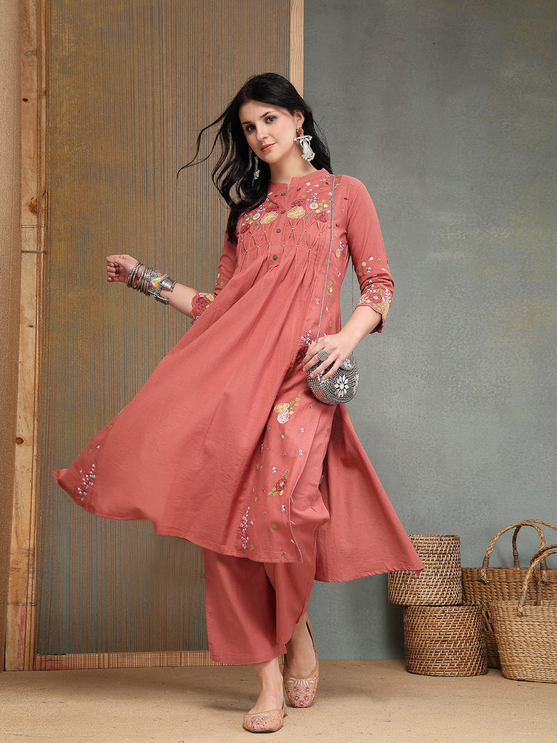 Stylum Women's Blush Solid & Embroidered Cotton A-Line Kurta Pant Set (KPBLUSHPOP)
