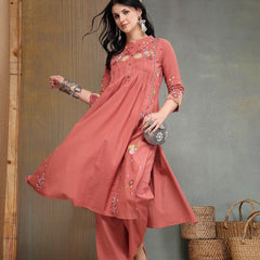 Stylum Women's Blush Solid & Embroidered Cotton A-Line Kurta Pant Set (KPBLUSHPOP)