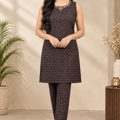 Stylum Women's Gold Printed Rayon Straight Kurta Pant Set (KPBROWNBANSI)