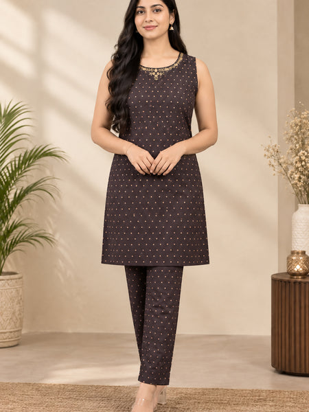 Stylum Women's Gold Printed Rayon Straight Kurta Pant Set (KPBROWNBANSI)
