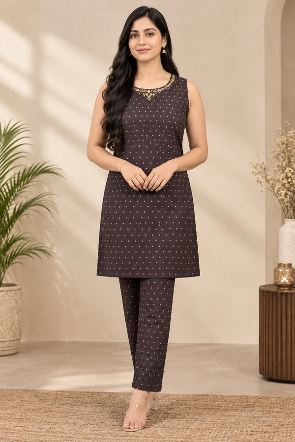 Stylum Women's Gold Printed Rayon Straight Kurta Pant Set (KPBROWNBANSI)