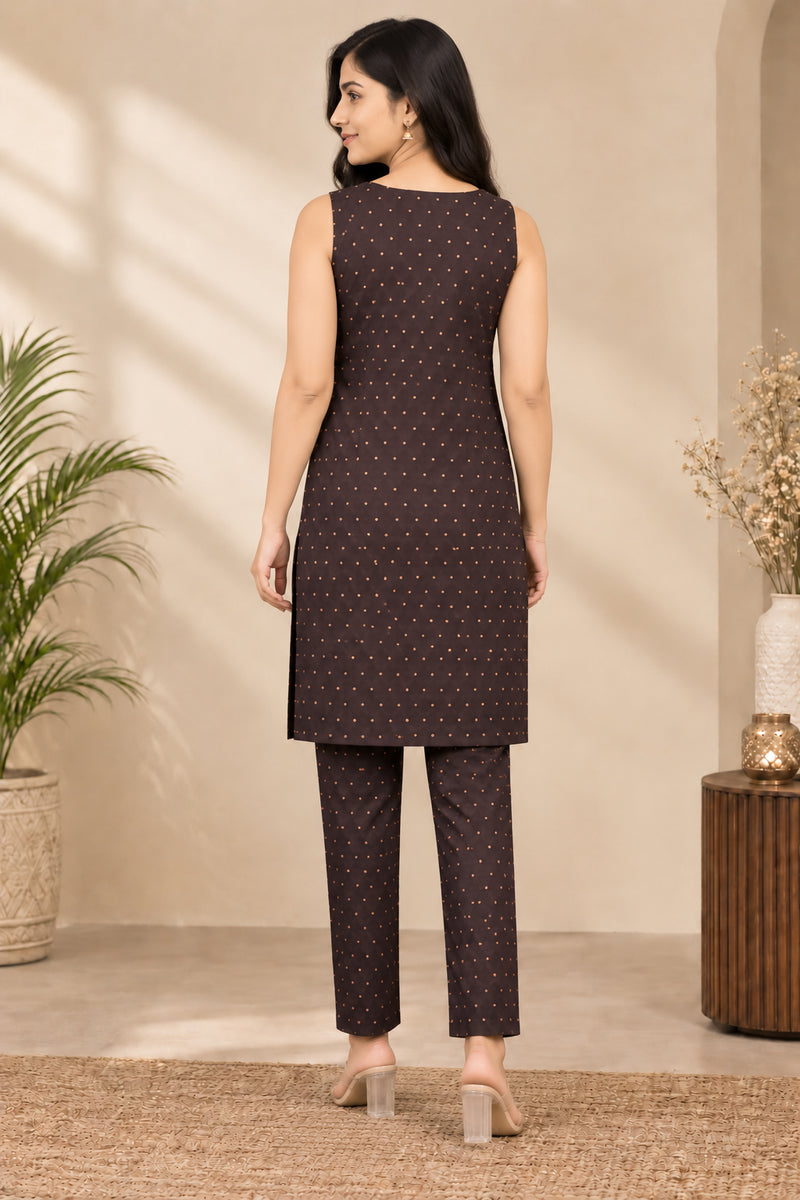 Stylum Women's Gold Printed Rayon Straight Kurta Pant Set (KPBROWNBANSI)