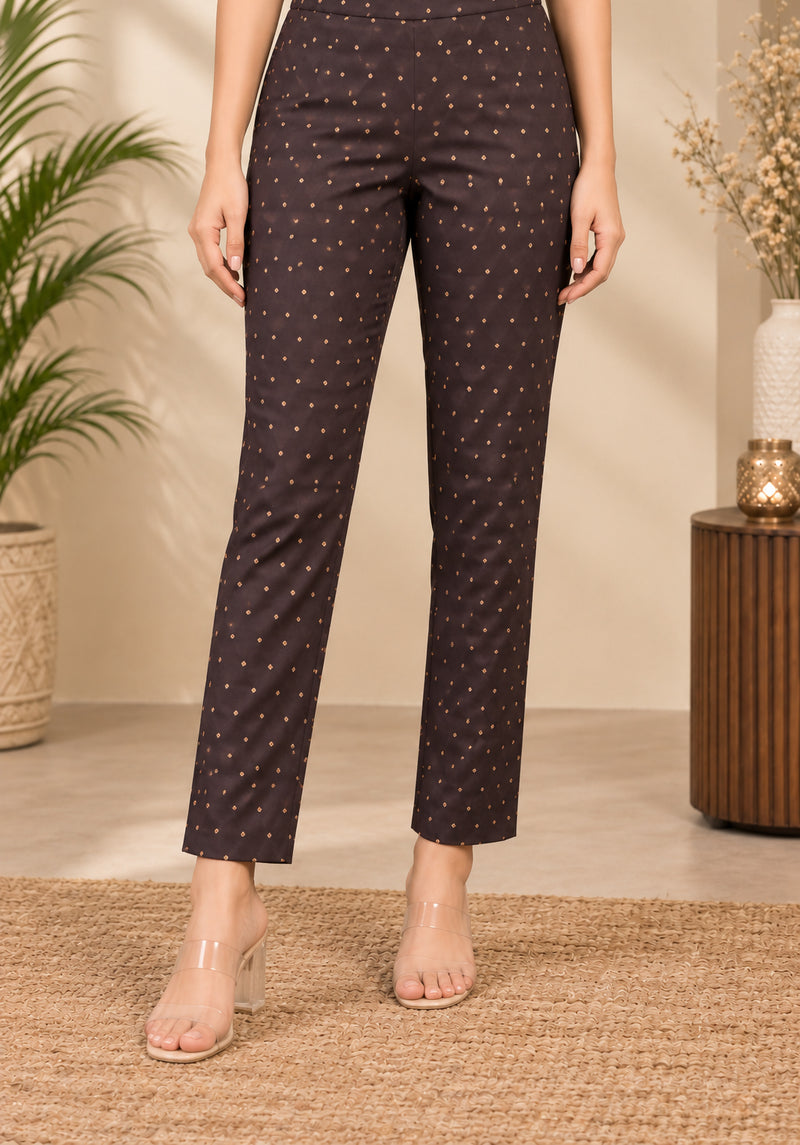 Stylum Women's Gold Printed Rayon Straight Kurta Pant Set (KPBROWNBANSI)