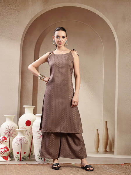 Stylum Women's Brown Woven Design Rayon Straight Kurta Pant Set (KPBROWNPIPER)