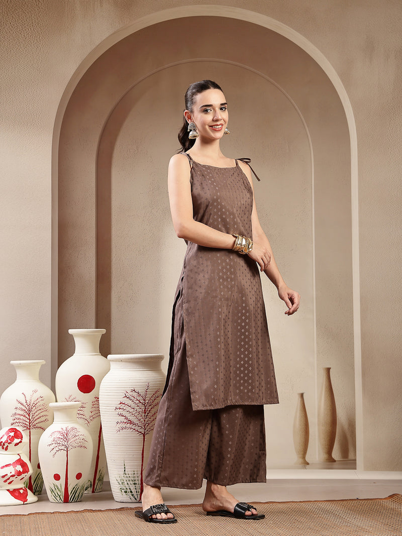 Stylum Women's Brown Woven Design Rayon Straight Kurta Pant Set (KPBROWNPIPER)