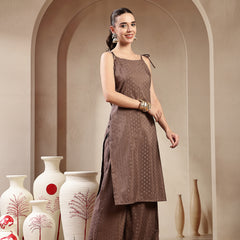 Stylum Women's Brown Woven Design Rayon Straight Kurta Pant Set (KPBROWNPIPER)
