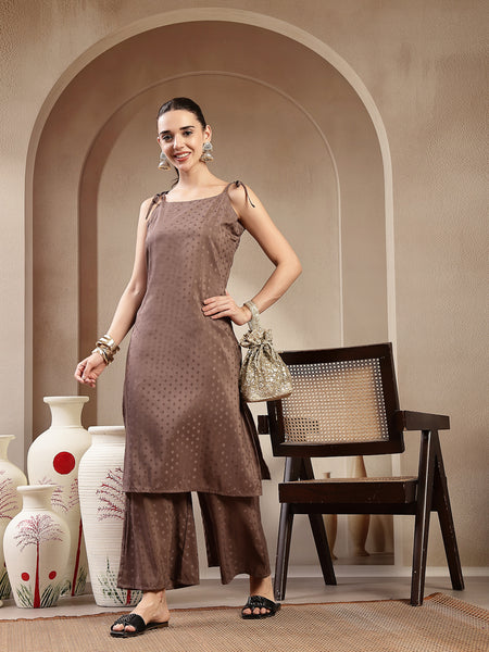 Stylum Women's Brown Woven Design Rayon Straight Kurta Pant Set (KPBROWNPIPER)