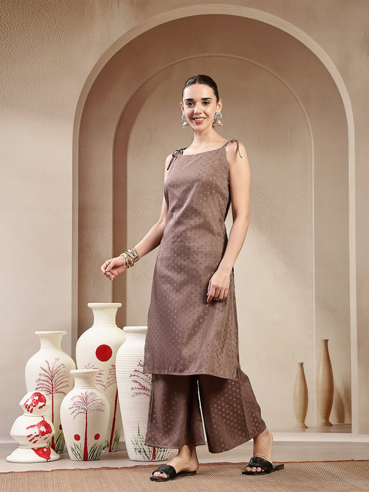 Stylum Women's Brown Woven Design Rayon Straight Kurta Pant Set (KPBROWNPIPER)