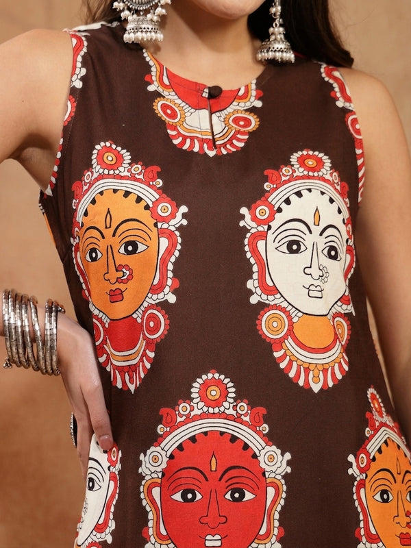 Stylum Women's Brown Kalamkari Face Printed Rayon A-Line Kurta Palazzo Set (KPBROWNRANCHI)